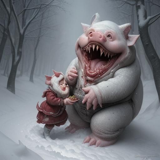 Terrifying Piglet with Sharp Teeth in Snow