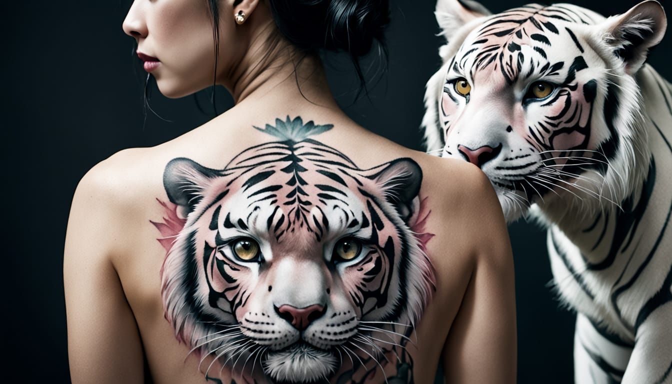Tiger Tattoo on Woman's Back in Vintage Photo Style