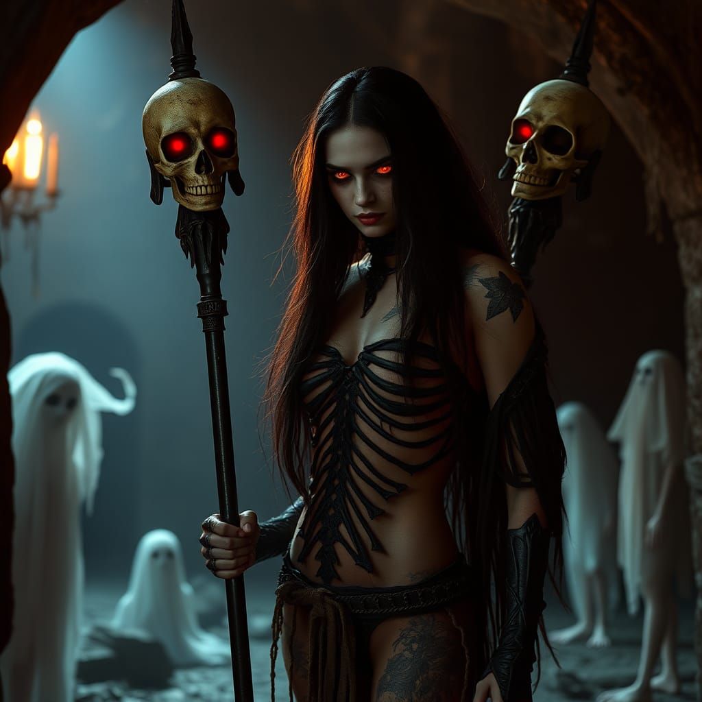 Dramatic Necromancer in Crypt with Ghostly Apparitions