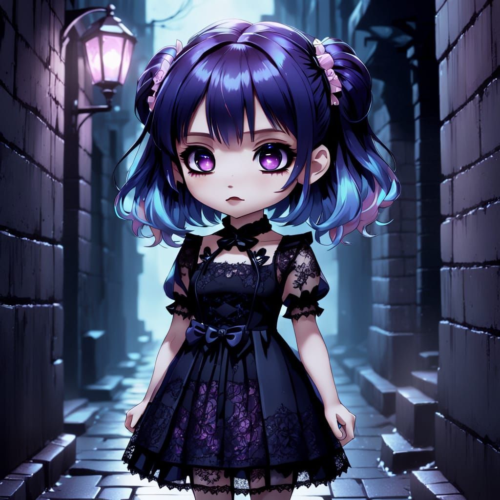 Chibi Goth Girl in Anime Style with Pastel Colors