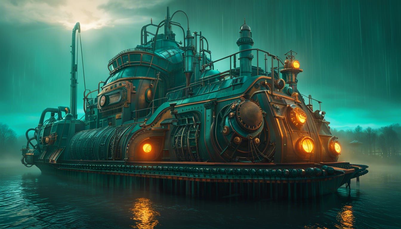Steampunk River Dredger in Orange and Teal