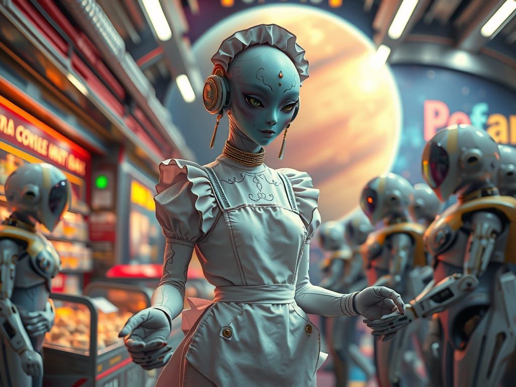 Pearl Alien Maid Selling Cookies in Space, Hyper-Realistic