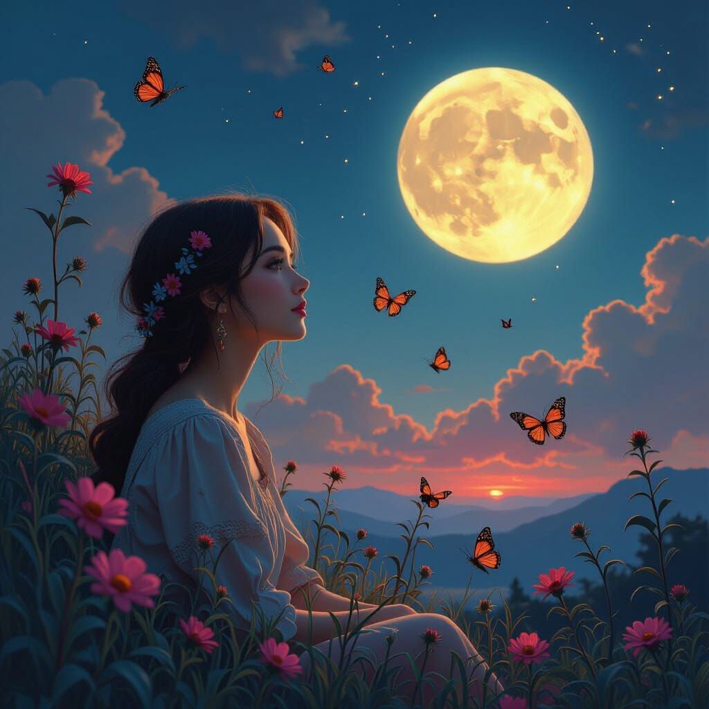 Moon Smiles as Butterflies Dance in Starry Sky
