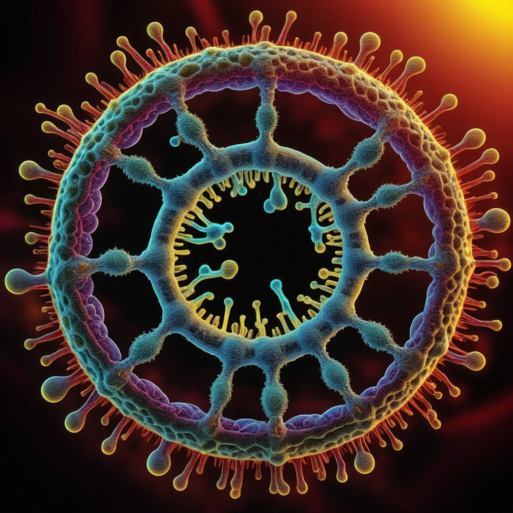 A stylized representation of a virus on a yellow and red gra...