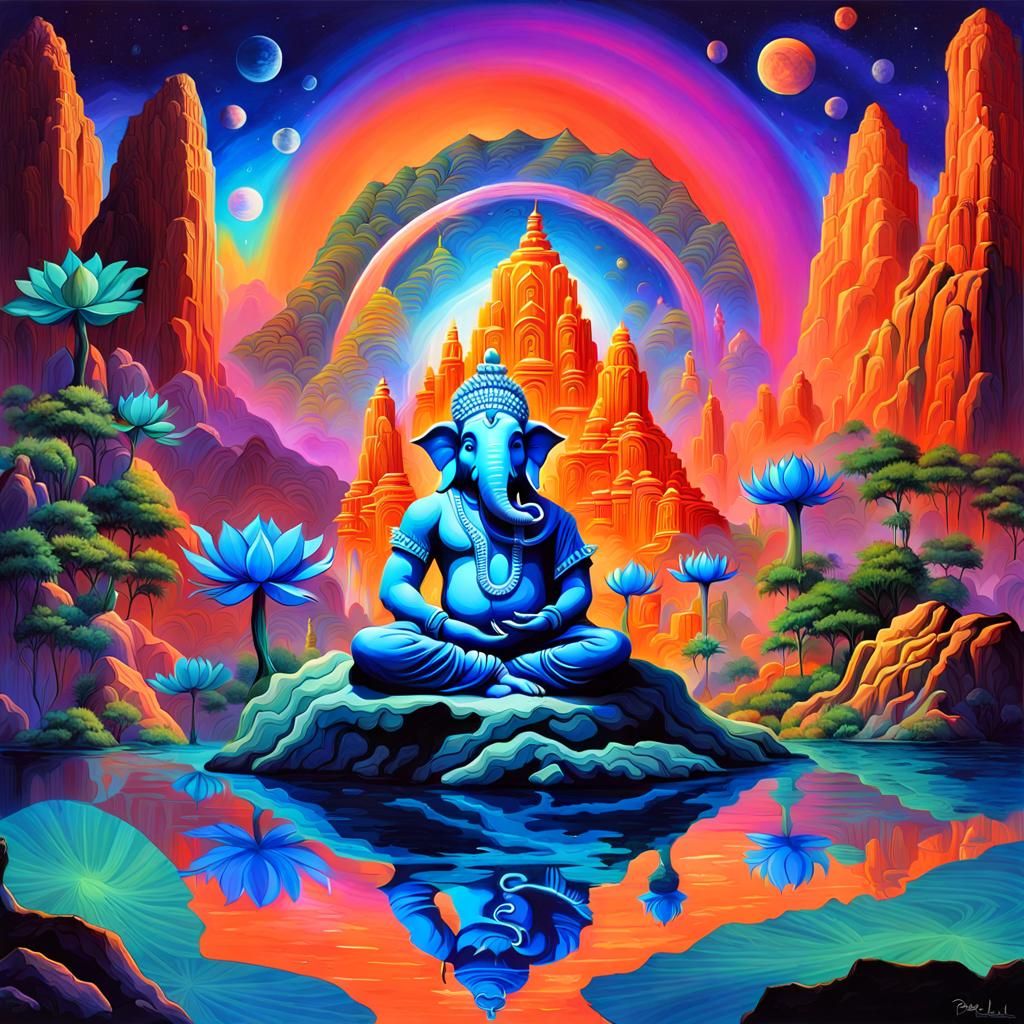 Ganesha in a Vibrant Surreal Landscape