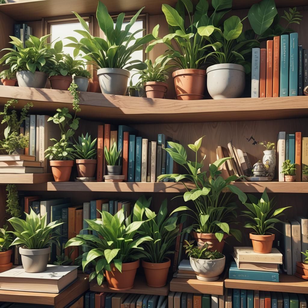 Detailed 3D Anime Bookshelf with Plants