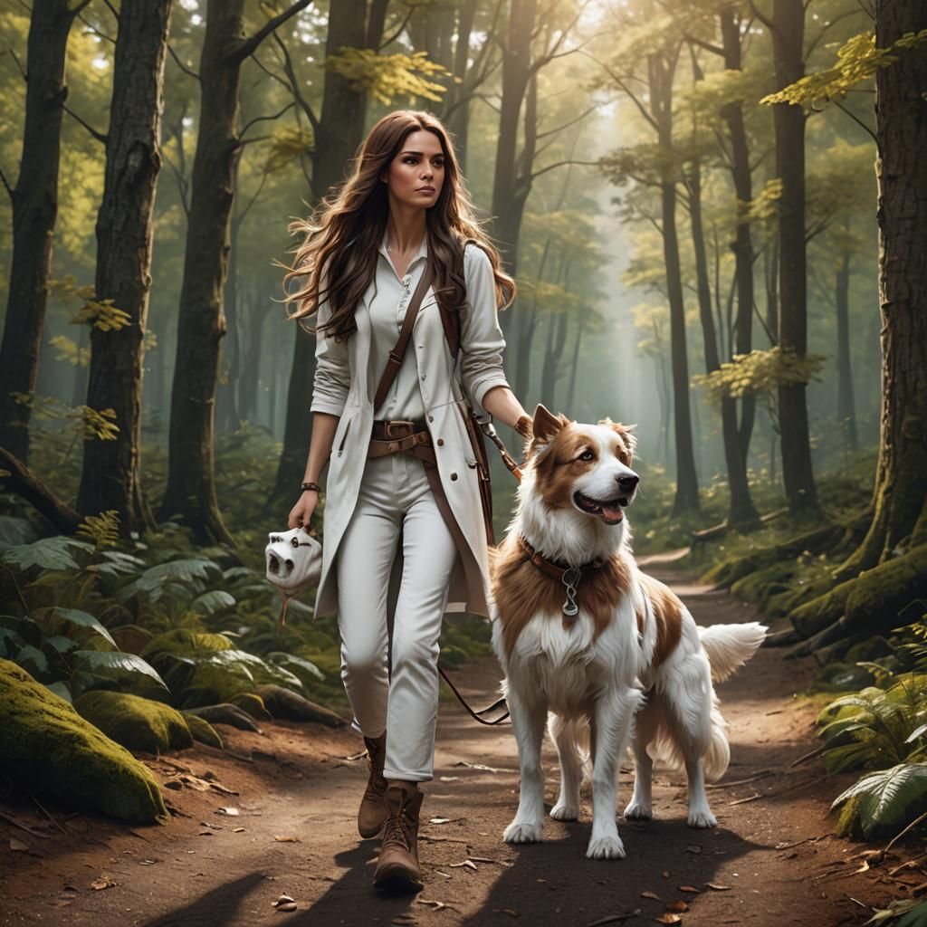 Girl Walks Dog on Hiking Trail: Fantasy Concept Art