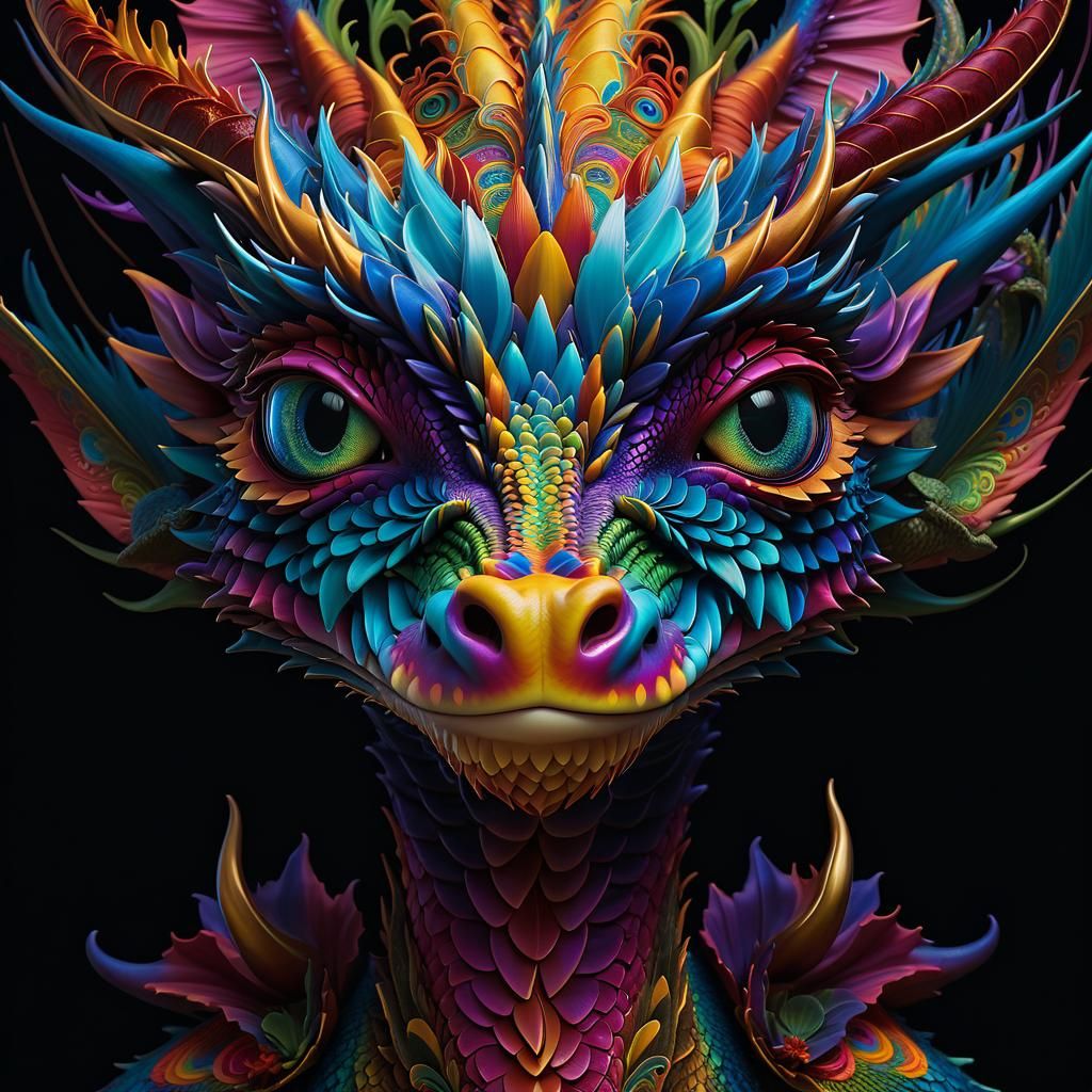 Psychedelic Dragon Dancing in Aurora Borealis Sky