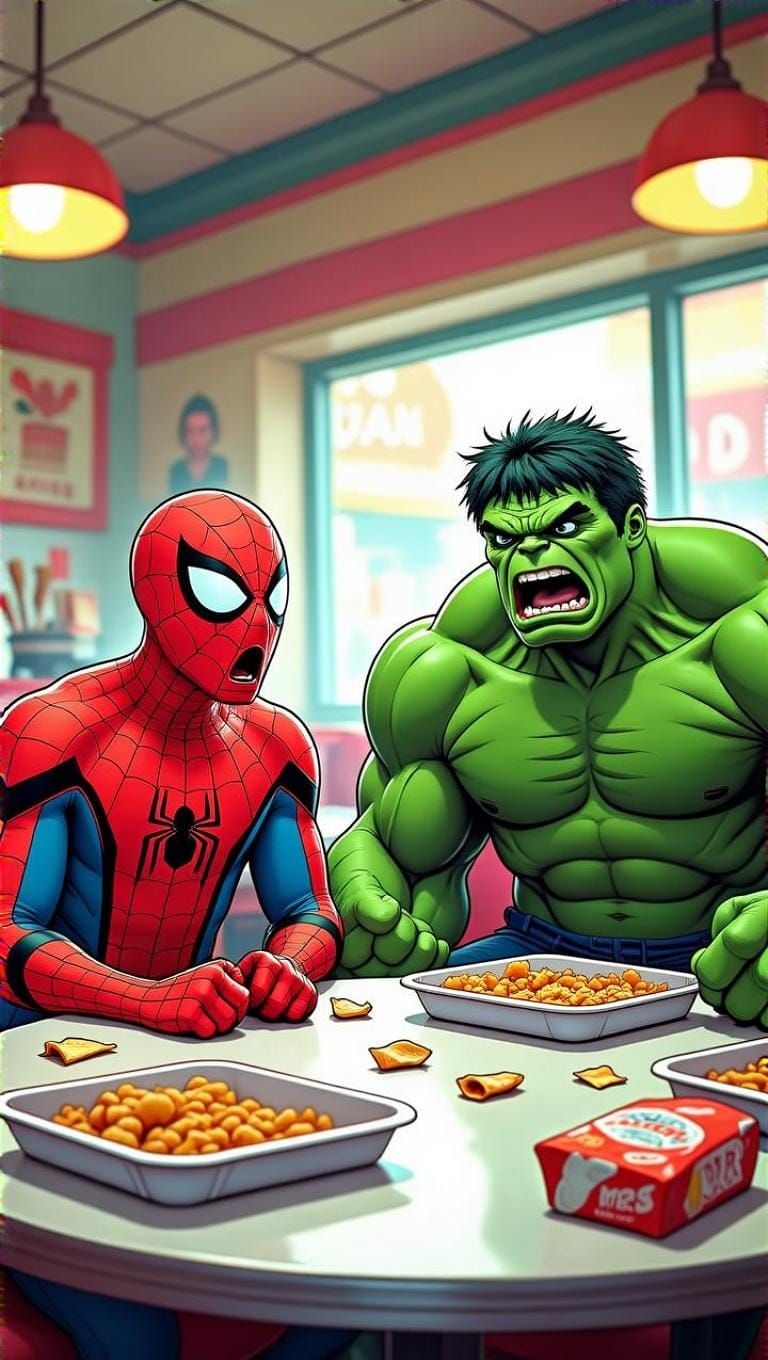 Spider-Man and Hulk in a Humorous Restaurant Scene