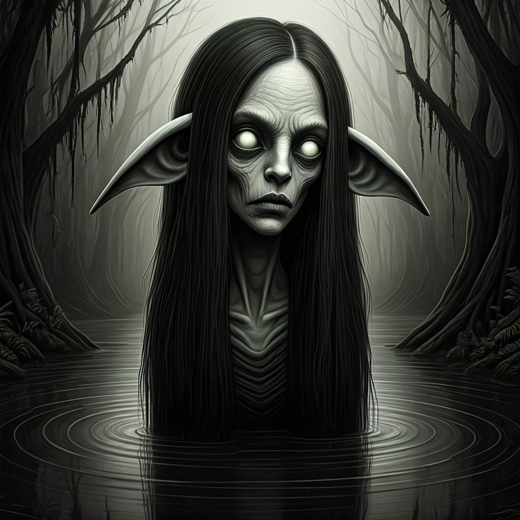 Spooky Grayscale Portrait: (monster elongated ears, protrudi...