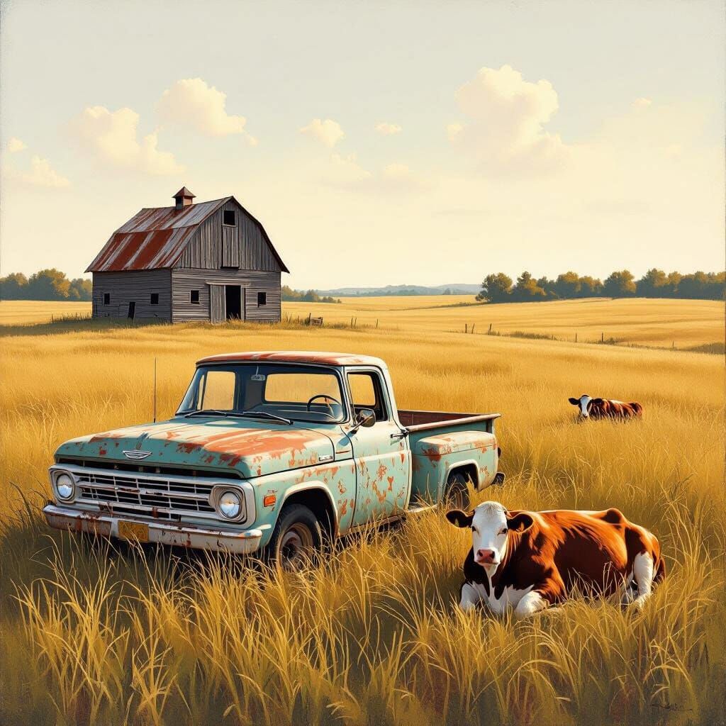 Rusty 1960s Pickup Truck Abandoned in Field