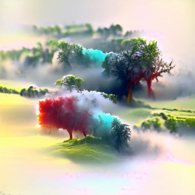 Copse in Colorful Mist: 3D Rendered Scene