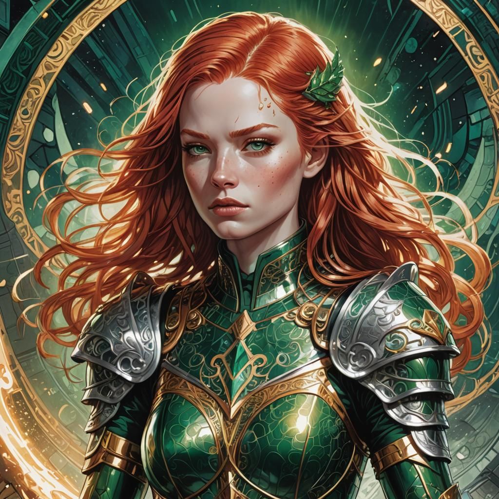 Albino Girl in Emerald Armor: Comic Book Art