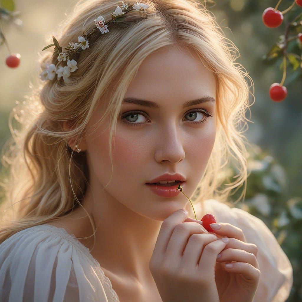 Ethereal Fantasy Portrait: Woman Eating a Cherry