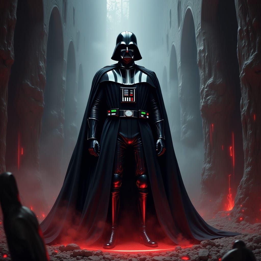 Darth Vader in Ominous Setting with Dramatic Lighting