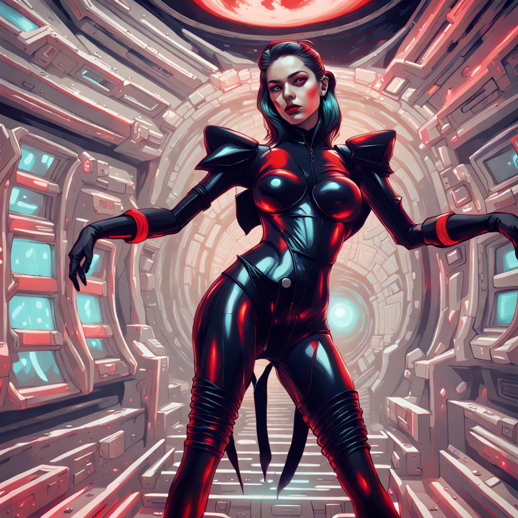 Portrait of a hot cyber fairy girl wearing futuristic clothes, tanga, in a Red moon night, analogous colors film noir de...