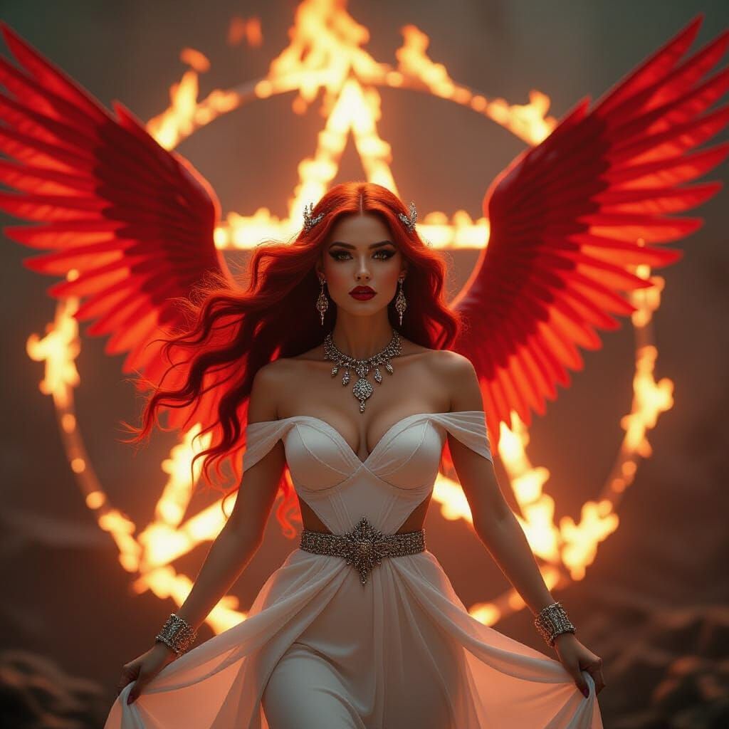 Goddess with Fiery Wings in Cinematic Style