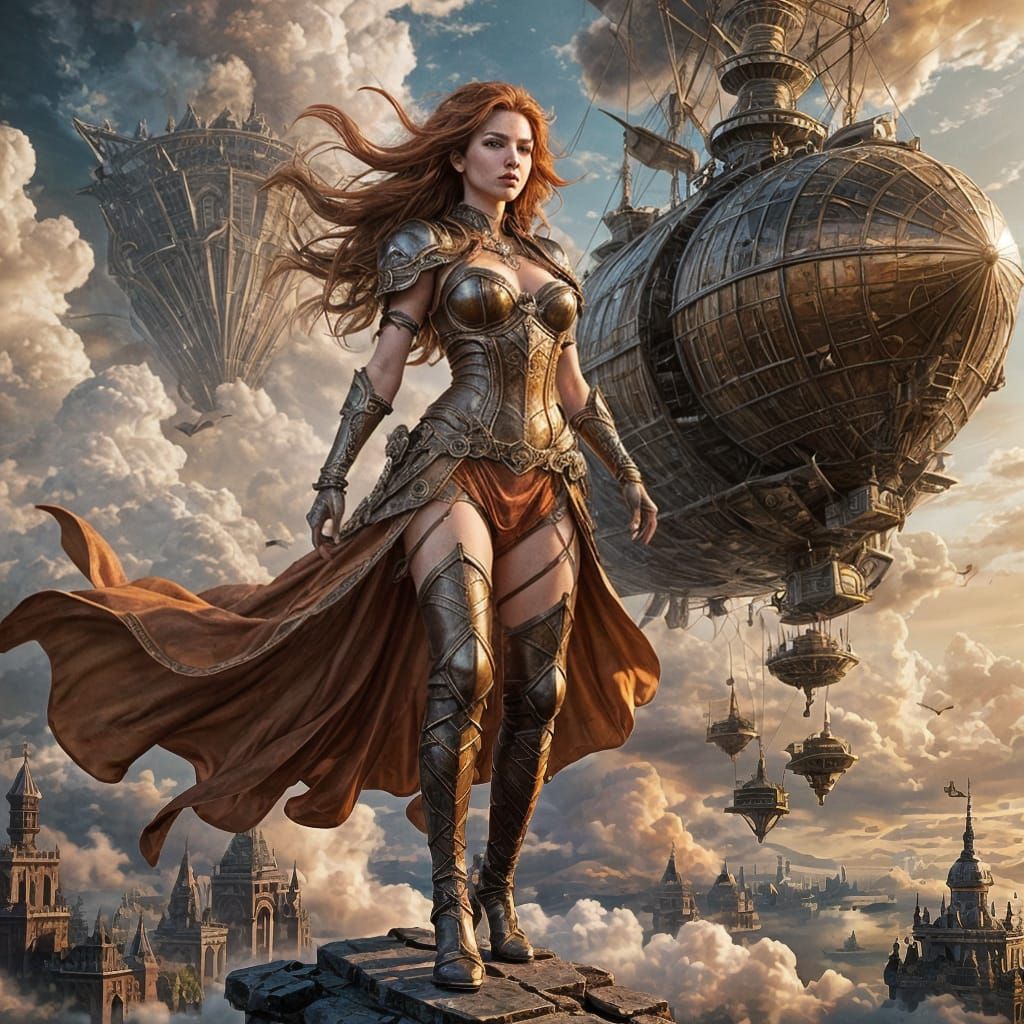 Elven Warrior on Steampunk Airship in Hyperrealistic Style