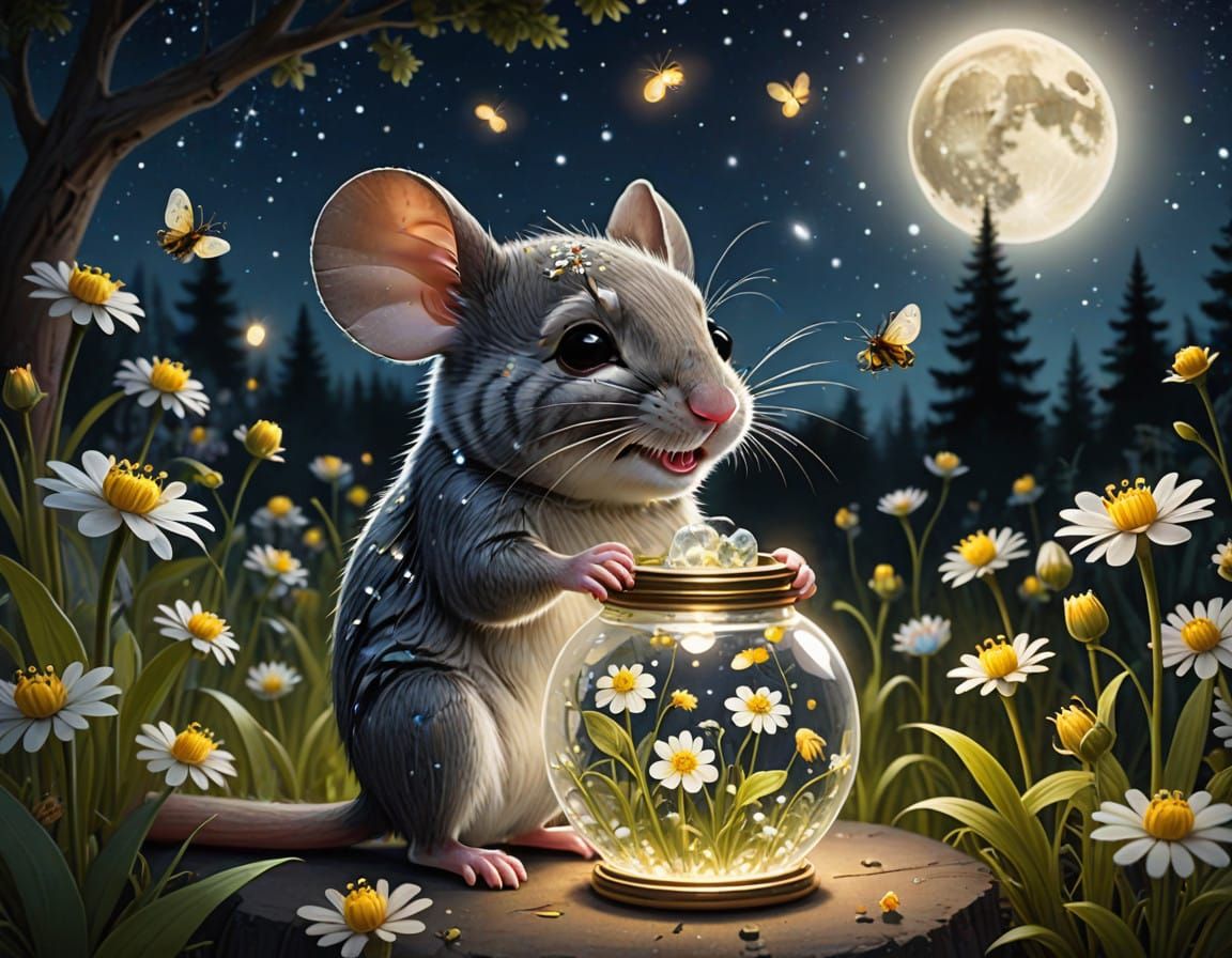 Whimsical Mouse Admires Firefly Vase in Moonlit Garden