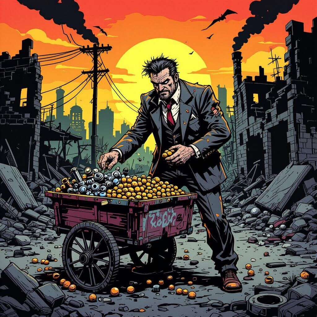 Apocalyptic Businessman Sells Scrap Metal in Comic Style