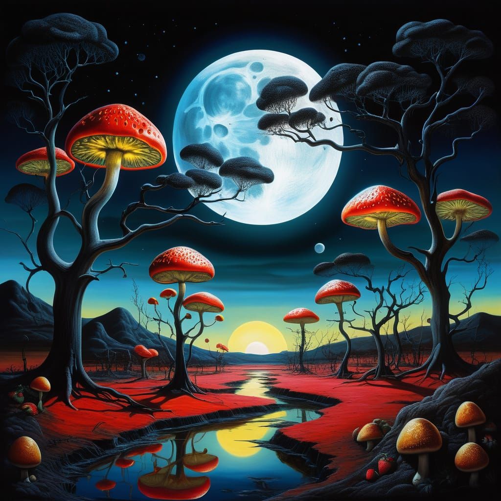 Strawberry Moon Surreal Landscape in Giger Dali Style