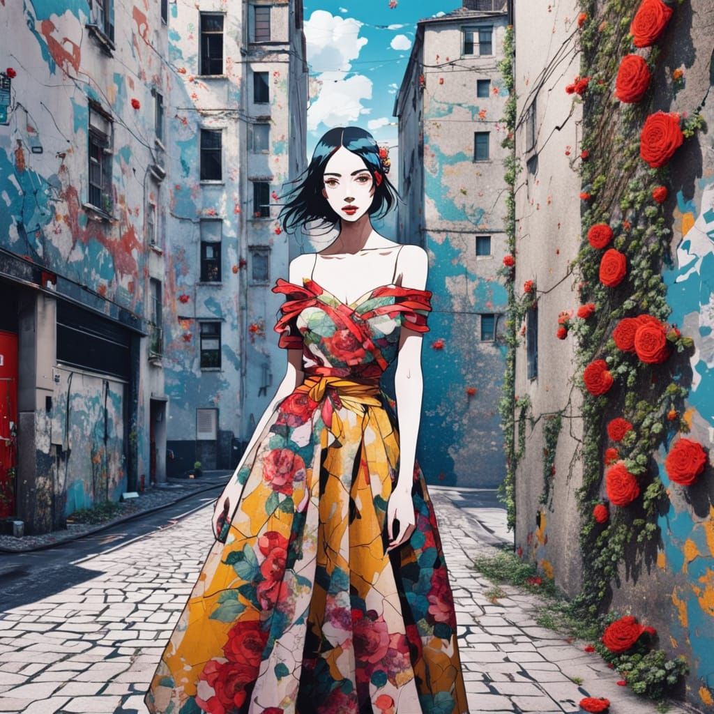 Woman in Flower Dress, Klimt-Style Street Art