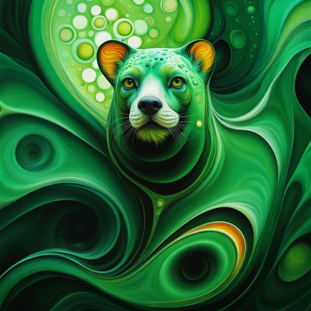 Green acryl pouring with aninmal portrait