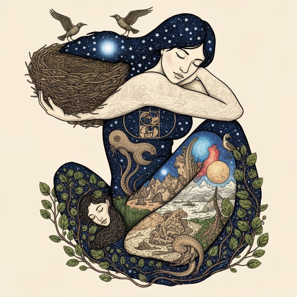 Surreal Woman Carrying Nest of Stars: Dreamlike Concept Art