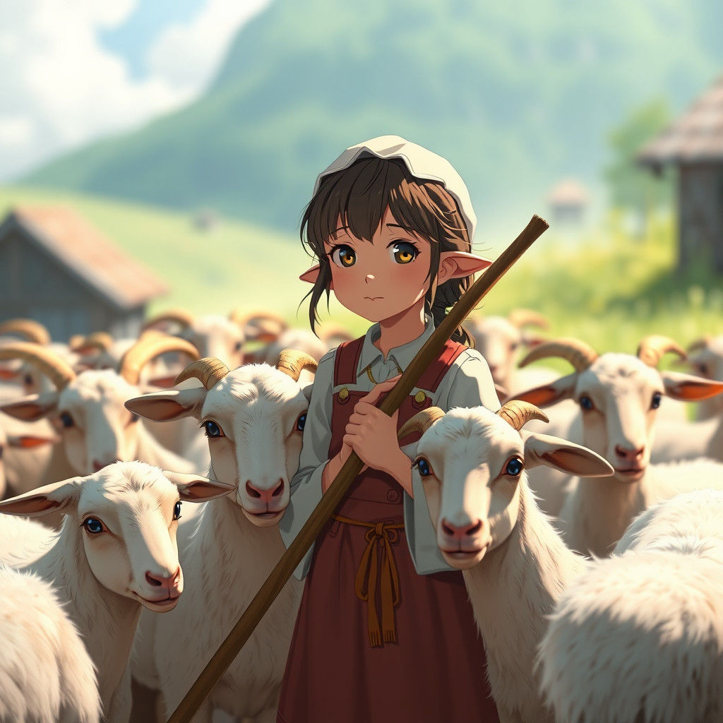 Cute Shepherdess Girl Herding Goats, Studio Ghibli Style
