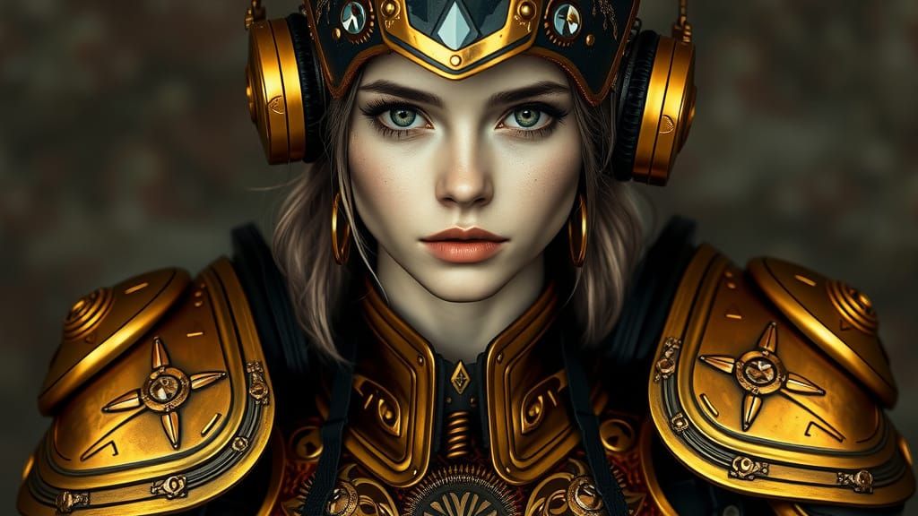 Steampunk Woman in Golden Armor and Headphones