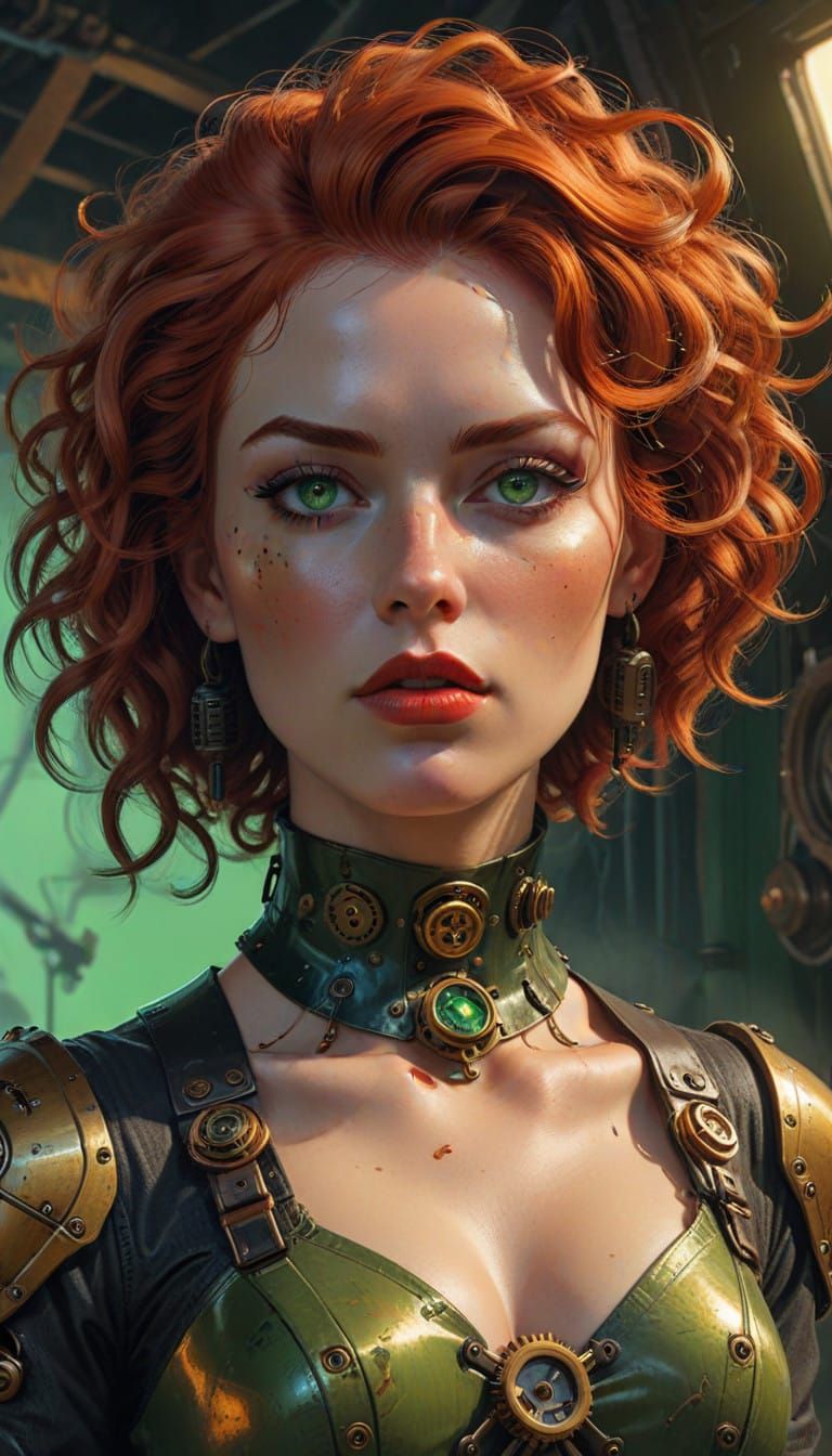 Gothic Steampunk Goddess with Intricate Gears and Luminous G...