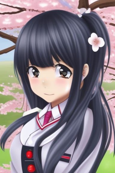 cute anime girl cherry blossom uniform long black hair school uniform
