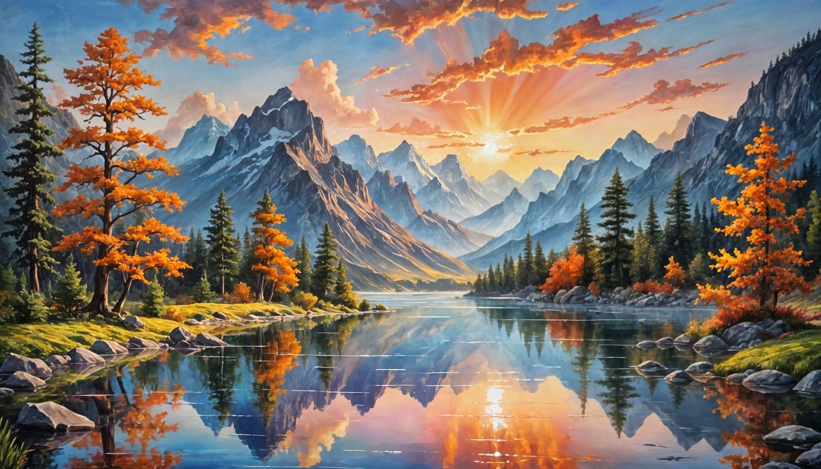 Serene Mountainscape Oil Painting with God Rays