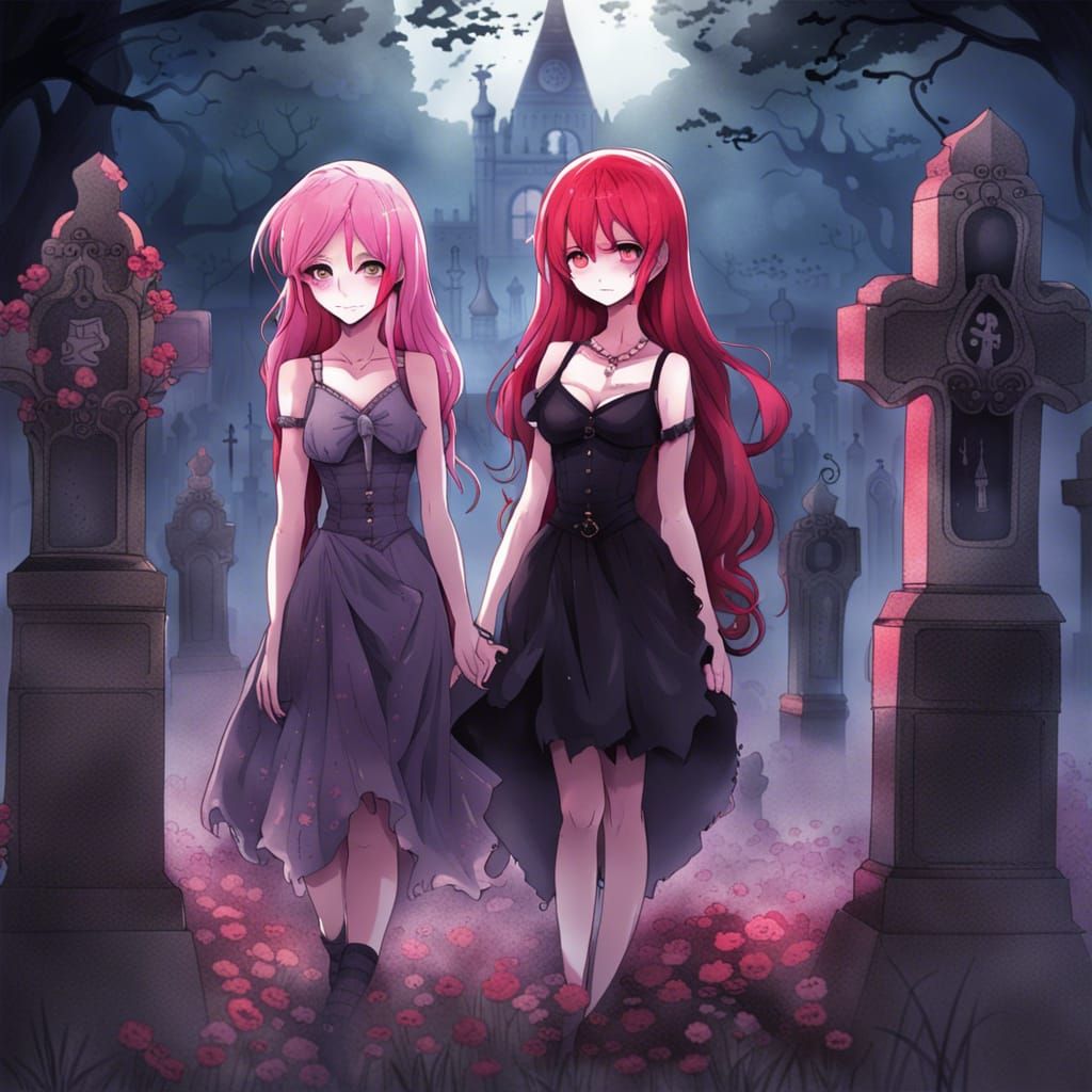 Ethereal Cemetery Scene in Tim Burton Anime Style