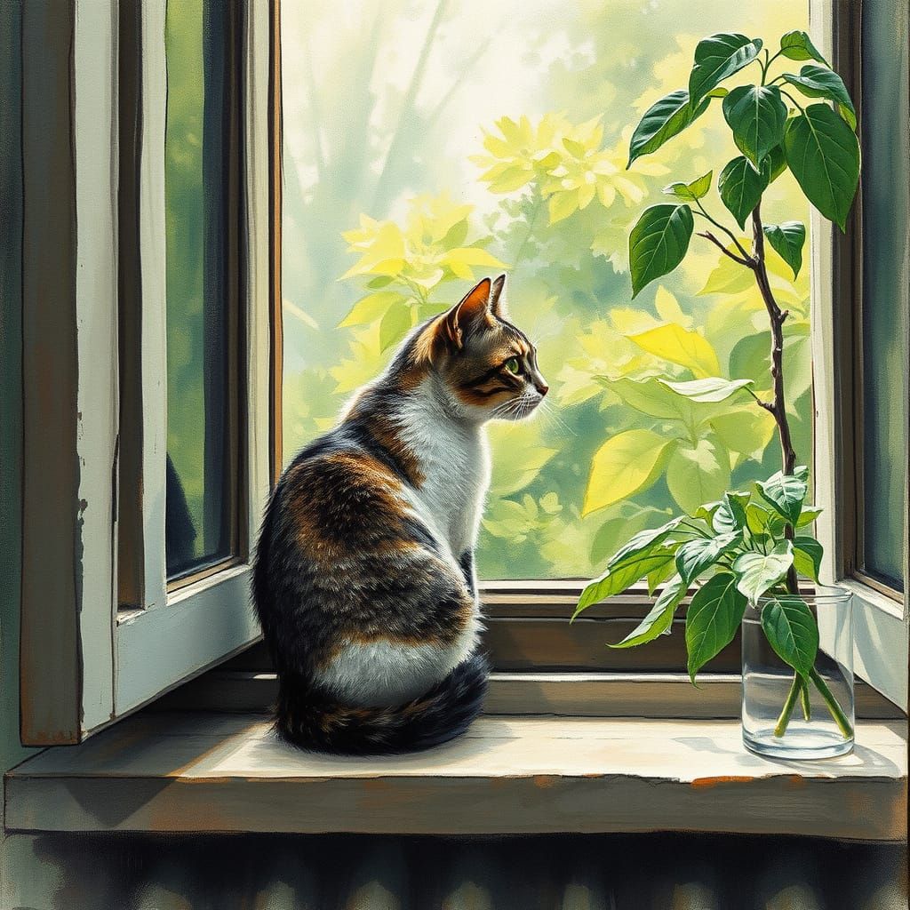 Hyperdetailed Charcoal Drawing of a Chat on a Windowsill in ...