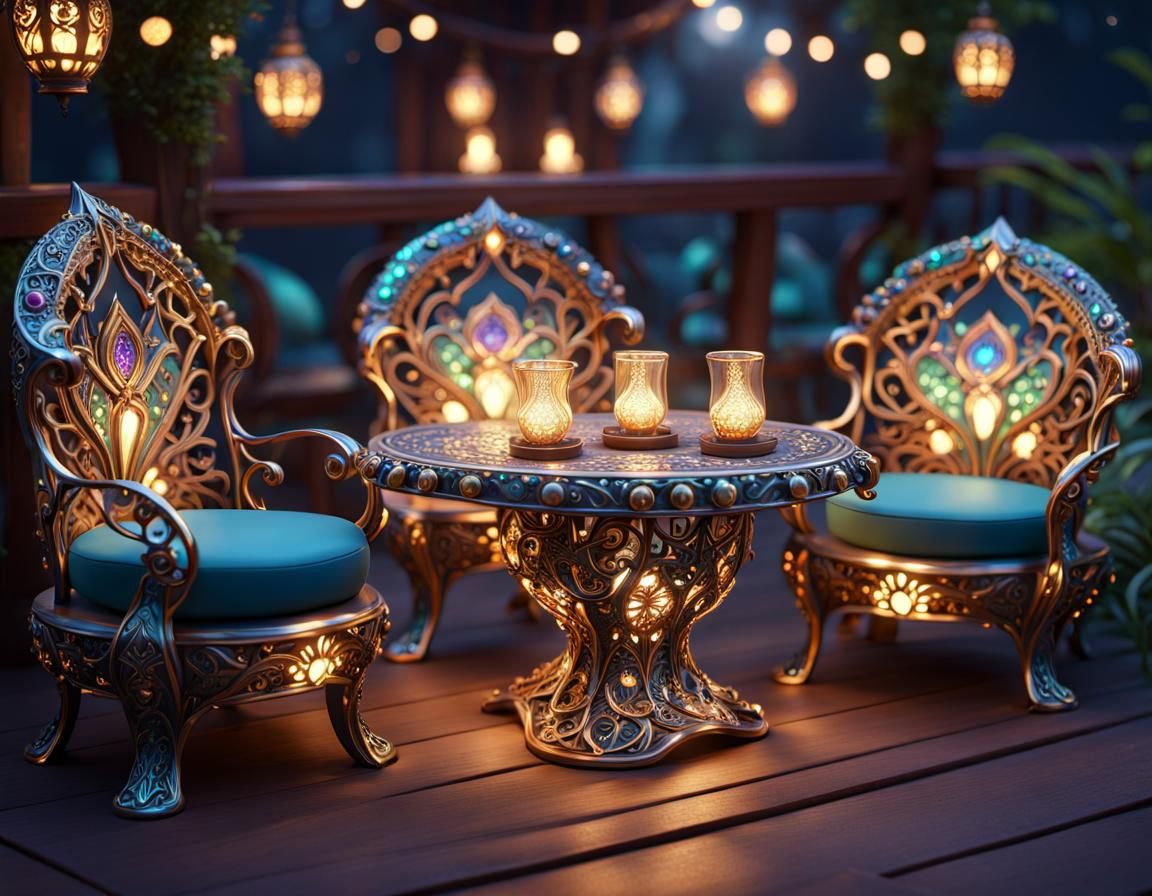 Ornate Metal Deck Furniture with Iridescent Glow