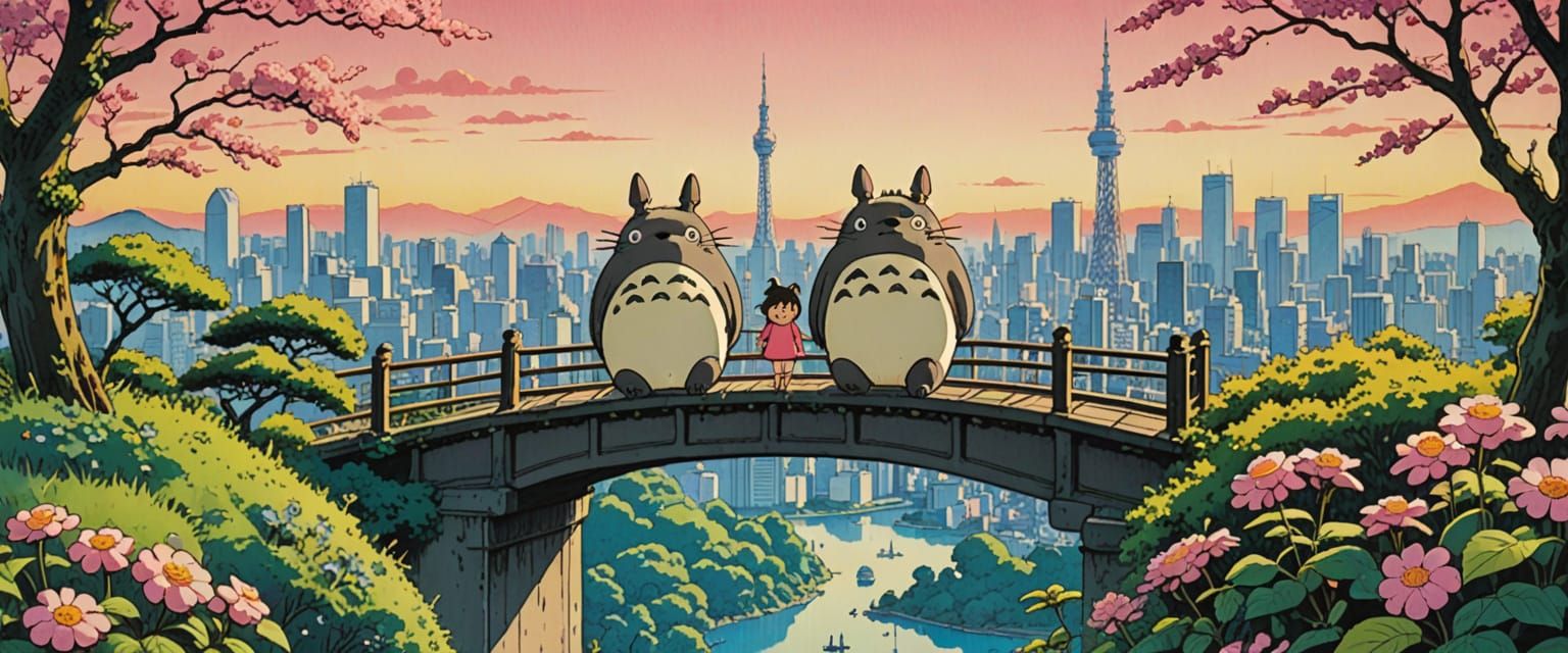 Totoro Overlooking Tokyo in Watercolor Comic Style