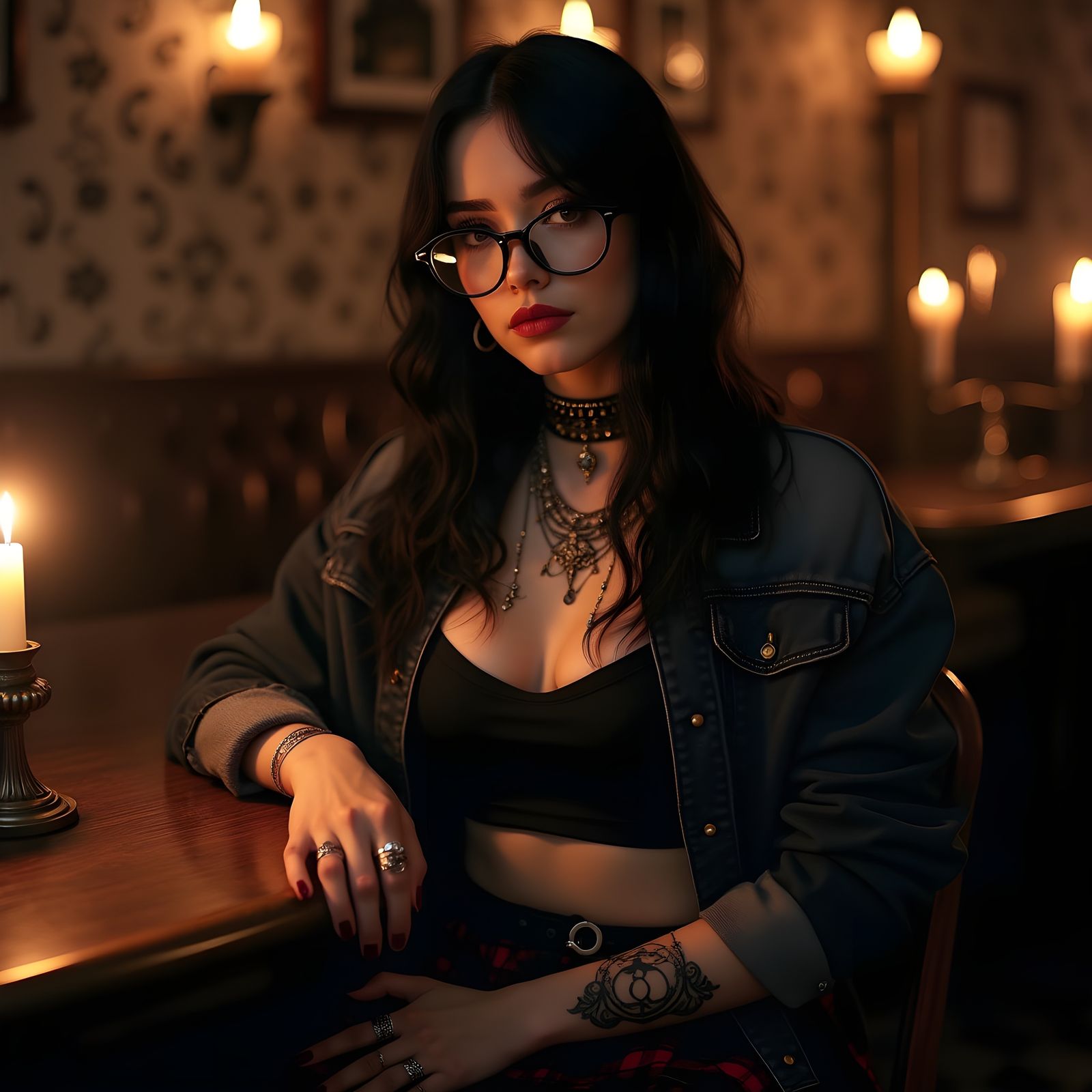 Goth Woman in Bar with Occult Symbols