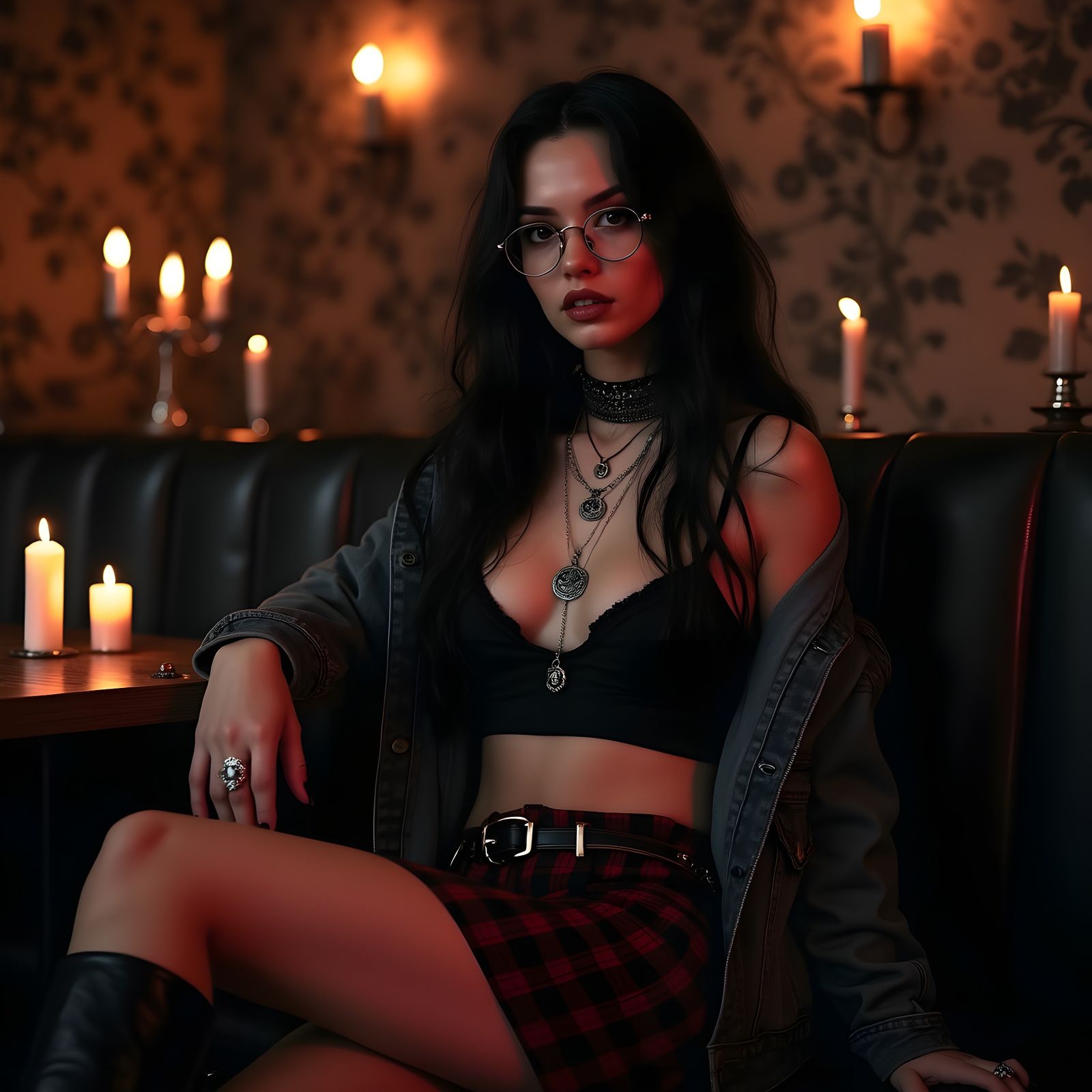 Voluptuous Goth Woman in a Candlelit Bar