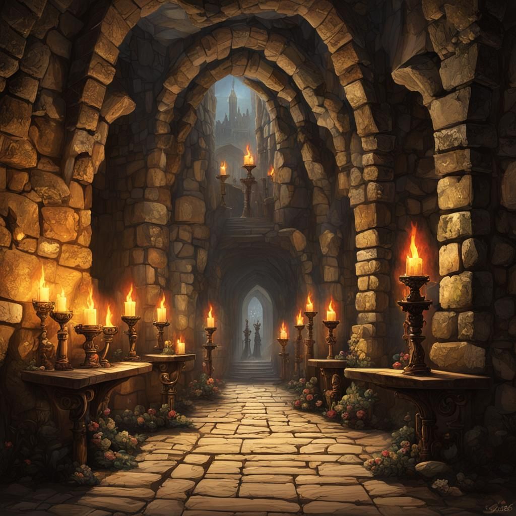 Shadowy Corridor with Gleaming Treasures in Fortress