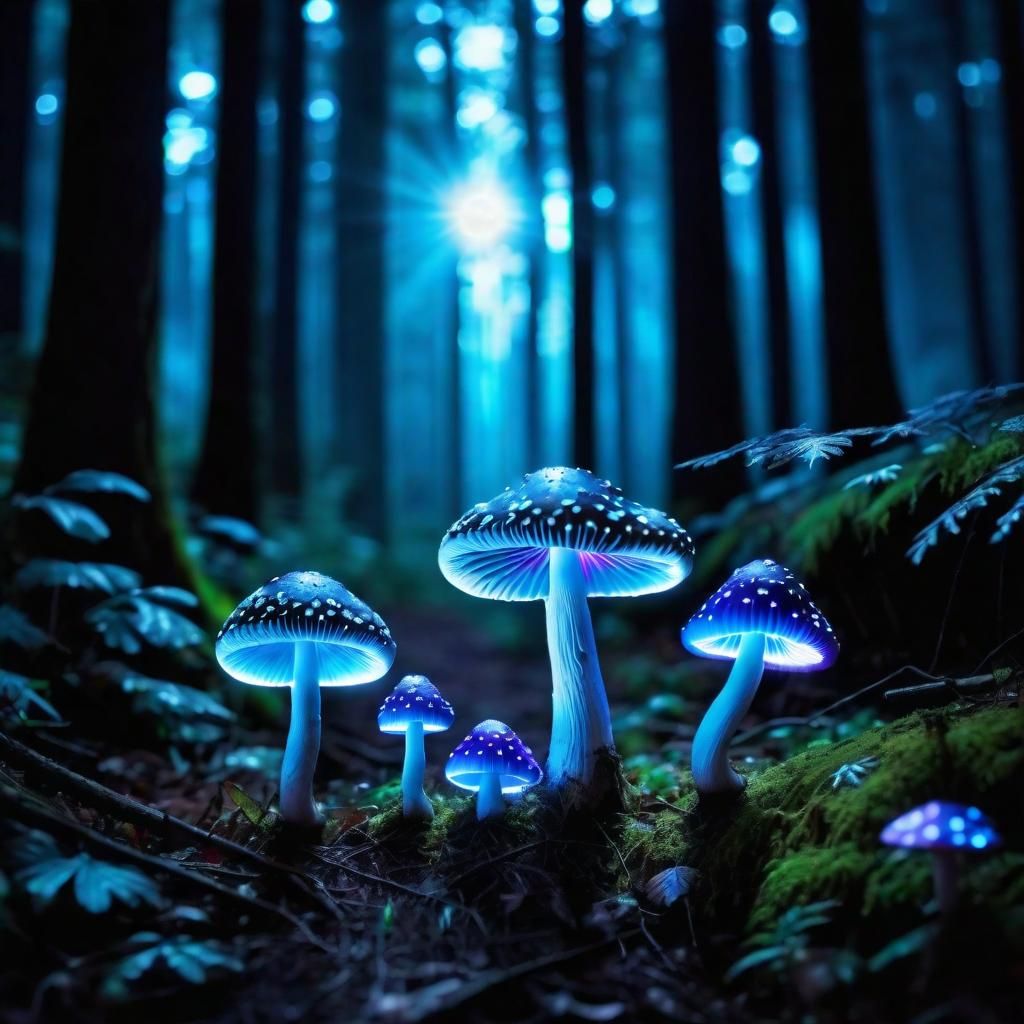 Luminescent Rainbow Mushrooms in Dark Forest