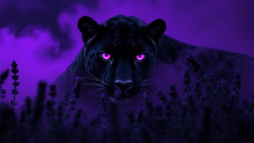 Purple-Eyed Jaguar in Lavender Field, Dramatic Lighting