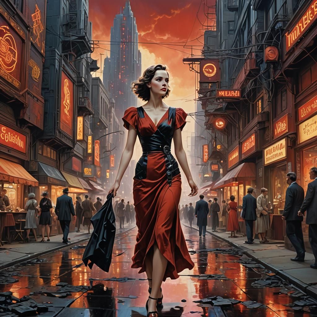 Vintage Woman in Futuristic City, Graffiti Art Style