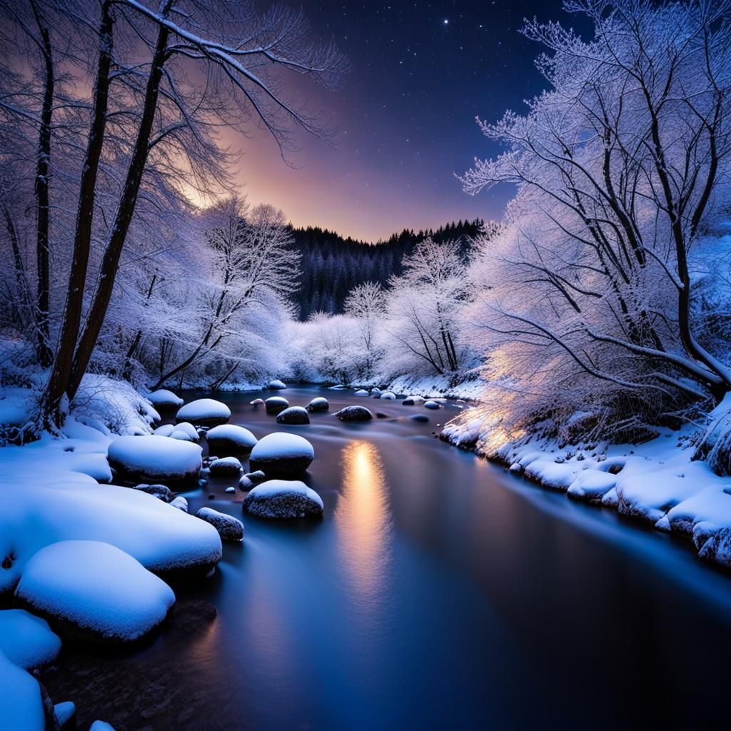Peaceful Snowy Japanese Riverscape at Night