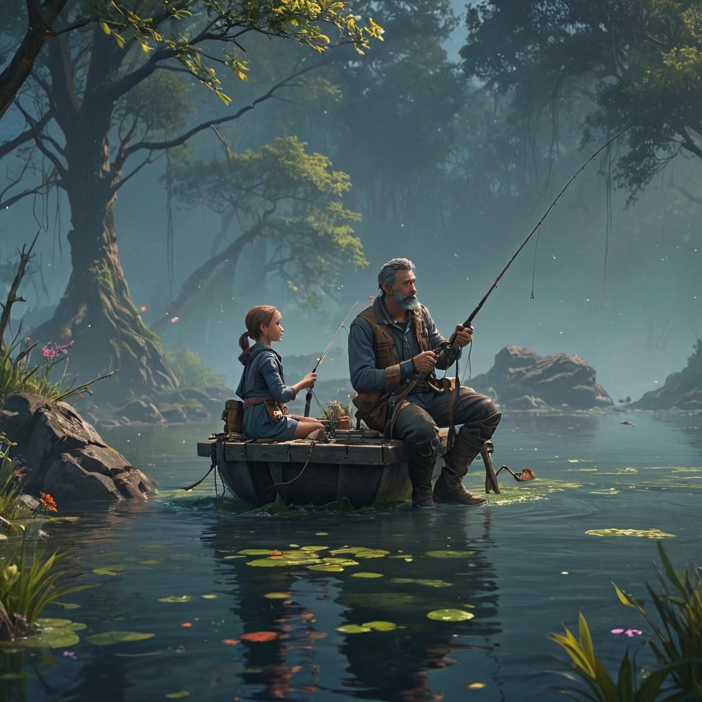 Father and Daughter Fishing in a Fantasy Landscape