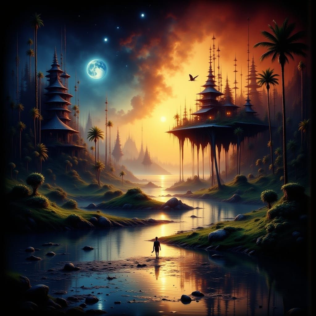 Surreal Coastal Town with Liquid Glass Oceans