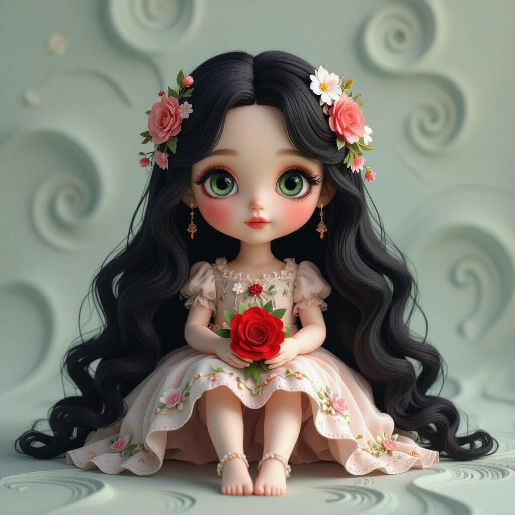 Doll with Black Hair and Roses in Floral Dreamscape