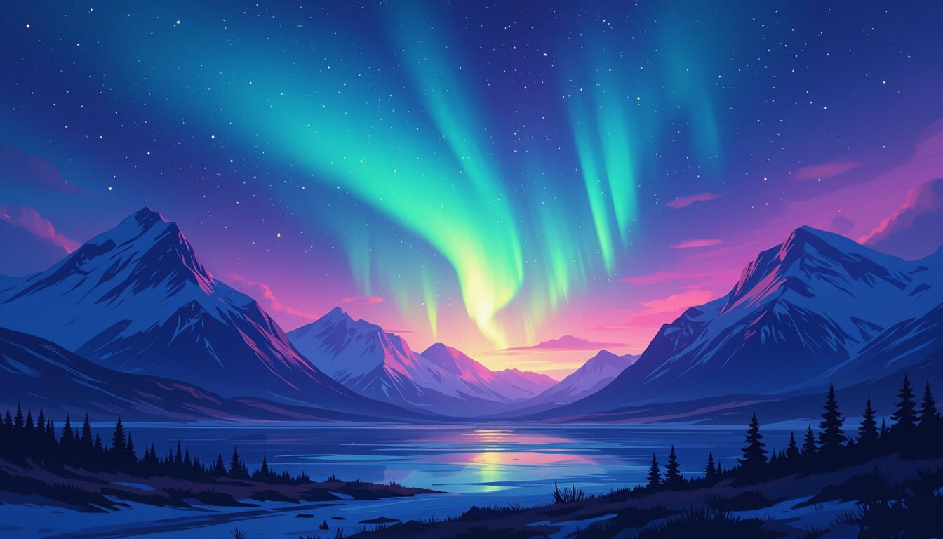 Aurora Borealis Over Mountains in Digital Painting Style