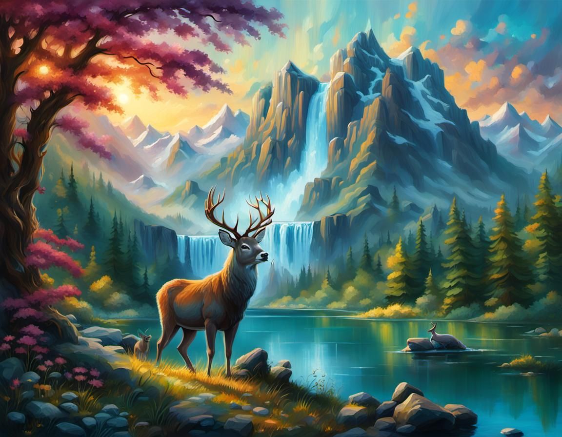 Majestic Buck in a Colorful Graffiti Nature Scene