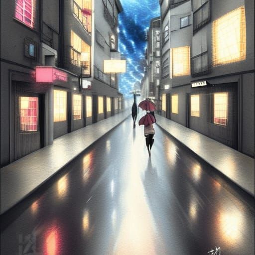Anime Street Scene During a Storm